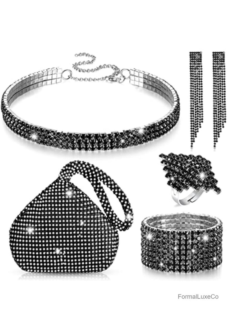 Women's Rhinestone Jewelry Set with Clutch Bag, Necklace, Bracelet, Ring,